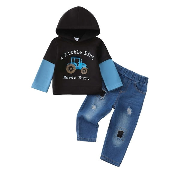 Kucnuzki 4T Toddler Boys Outfits Set 5T Boy Winter Clothes Long Sleeves Sweatshirt Color Block Pullover Hooded Tops Ripped Jeans Denim Pants Sets 2pcs Clothing Blue 4-5 Years