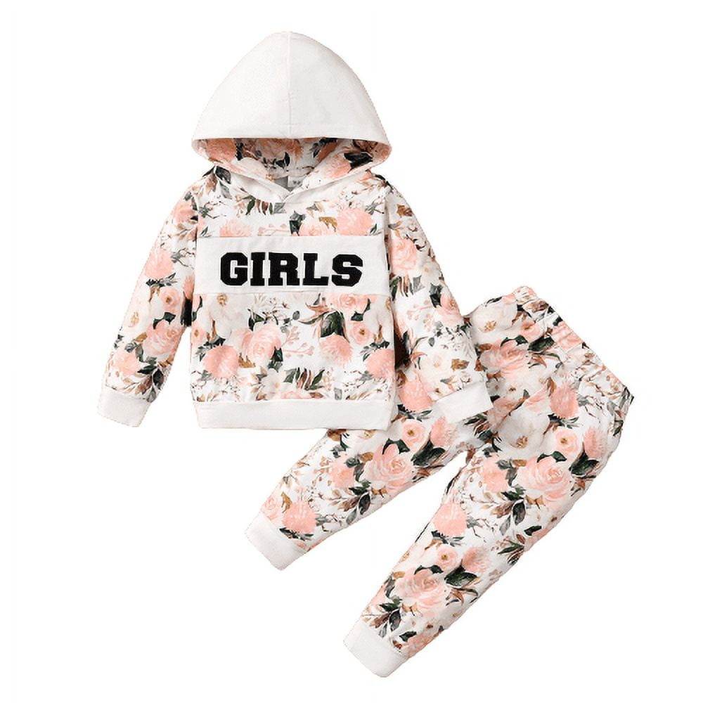 Kucnuzki 4T Toddler Girl Fall-Winter Outfits Pants Sets 5T Long Sleeve Girl Letter Floral Prints Hooded Sweatshirt Tops Elastic Rose Prints Cozy Pants 2PCS Set White