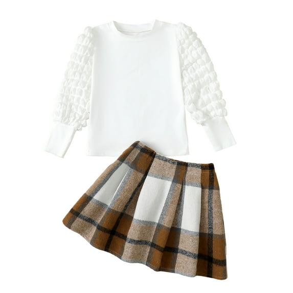 Kucnuzki 4T Toddler Girl Outfits 5T Toddler Girl Skirt Sets Fall Winter Solid Color Puff Long Sleeves Top Plaid Pleated Skirt 2pcs Set White