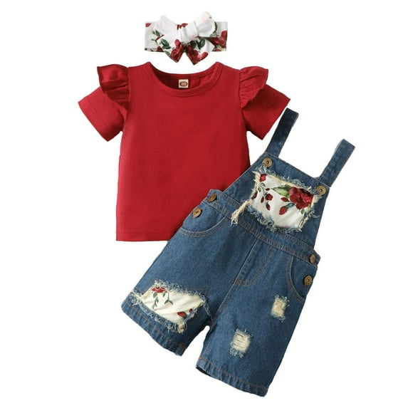 Kucnuzki 4T Toddler Girl Summer Outfits Shorts Sets 5T Short Sleeve Pure Color T-Shirt Tops Suspender Floral Panel Overall Denim Shorts Headbands 3PCS Set Red