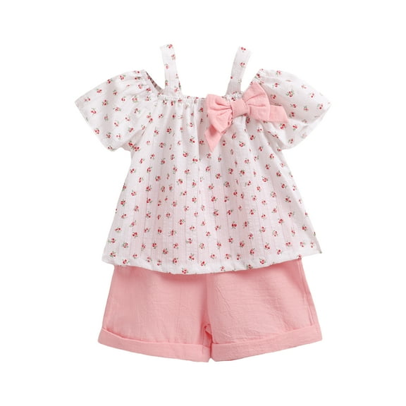 Kucnuzki 4T Toddler Girl Summer Outfits Shorts Sets 5T Sling Wide Neck Floral Prints Camisole Peplum Elastic Shorts 2PCS Set Pink