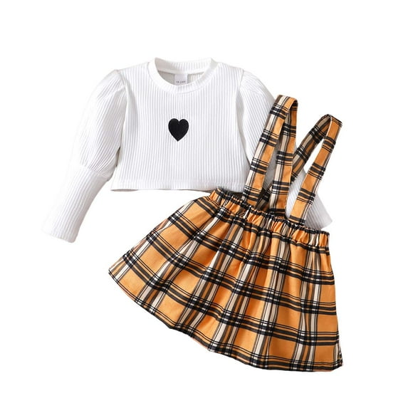 Kucnuzki 4T Toddler Girl Winter Outfits Skirts Sets 5T Long Sleeve Heart Prints Pull-Over Top Suspender Lattice Prints Skirts 2PCS Set Yellow