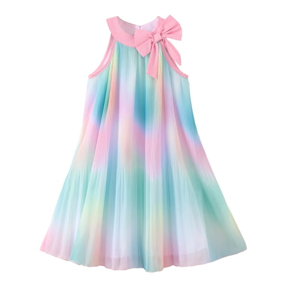 Kucnuzki 4T Toddler Girls Dress 5T Toddler Girls Summer Clothes Sleeveless Off-the-shoulder Dress Color Gradient Bow Dress One-piece Overalls Clothing Multicolor 4-5 Years