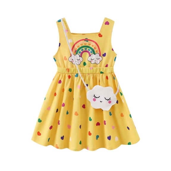 Kucnuzki 4T Toddler Girls Summer Clothes 5T Dress Sleeveless Rainbow Hearts Print A-line Dress Casual One-piece Overalls with Bag 2pcs Clothing Yellow