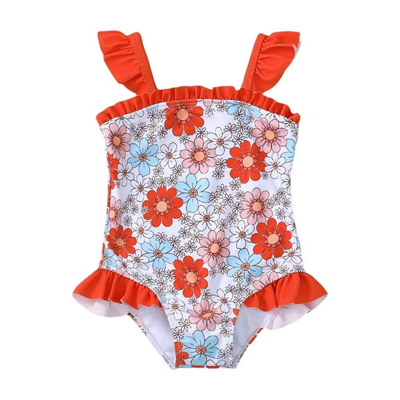 Kucnuzki 4T Toddler Girls Summer Swimsuits 5T Toddler Girls Ruffle Sleeveless Bikini Tankni One-piece Bathing Suits Floral Beach Swimwear Orange