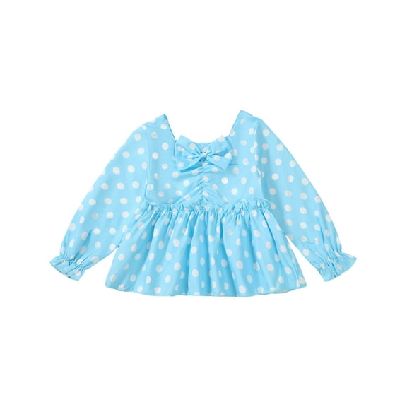 Kucnuzki 4T Toddler Girls Top 5T Toddler Girls Fall Winter Clothes Round Neck Long Sleeves Pullover Top Bow Dots Print Shirt Top Pleated Top Blue