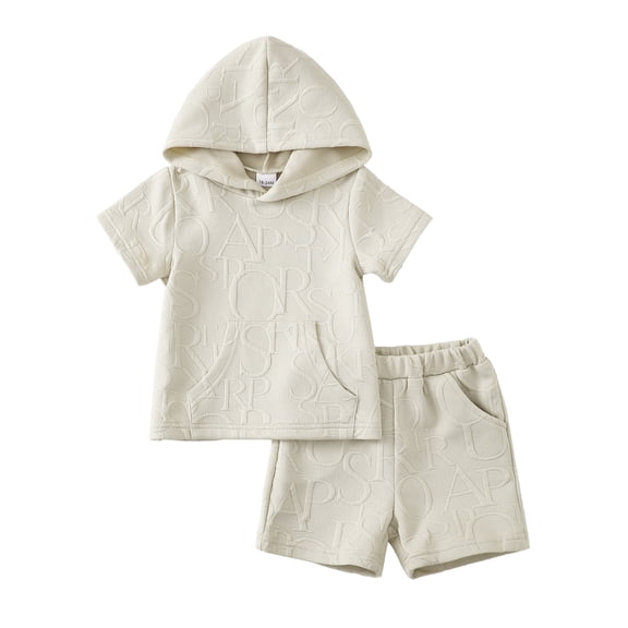 Kucnuzki 5 Years Little Boys Summer Outfit Sets 6 Years Little Boys Casual Clothes Short Sleeves Hooded Top Solid Color Shorts Sets 2pcs Apricot