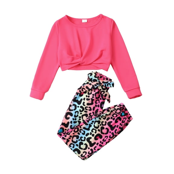 Kucnuzki 5 Years Little Girl Outfits 6 Years Little Girl Fall Solid Color Long Sleeve Twist Top Leopard Pants 2pcs Big Girl Pant Sets Autumn Pink