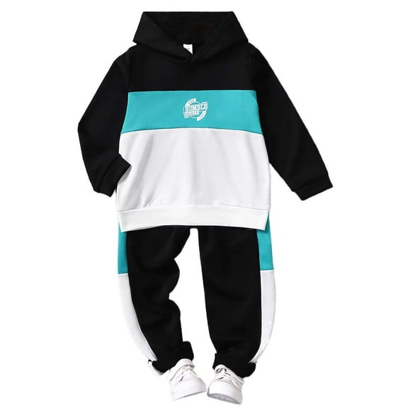 Kucnuzki 5T Little Boy Winter Outfits Pants Sets Long Sleeve Durable Color-Blocked Hoodie Sweatshirt Elastic Pants 2PCS Set Multi-color