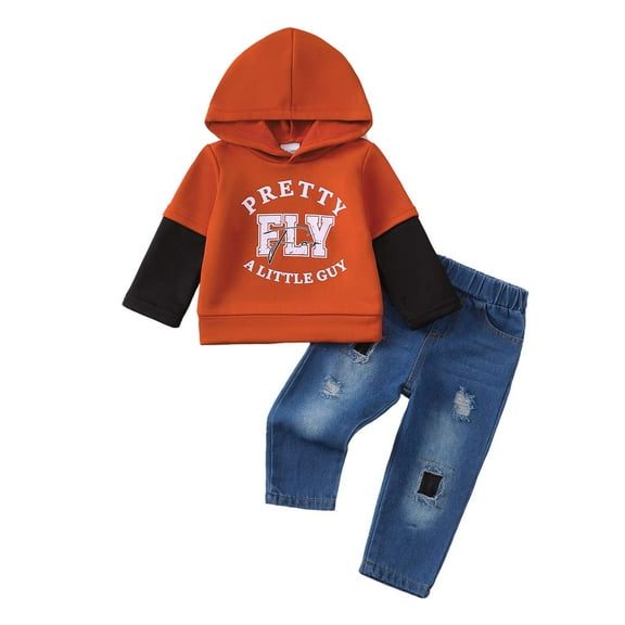 Kucnuzki 5T Little Boys Outfits Set 6T Boy Winter Clothes Long Sleeves Sweatshirt Color Block Pullover Hooded Tops Ripped Jeans Denim Pants Sets 2pcs Clothing Orange 5-6 Years