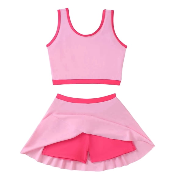 Kucnuzki 5T Little Girl Swimsuit Set 6T Child Gilrs Bathing Suit Color Block Top Swimming Skirt with Shorts 2pcs Bikini Set Summer Beach Breathable Tankini Set Pink