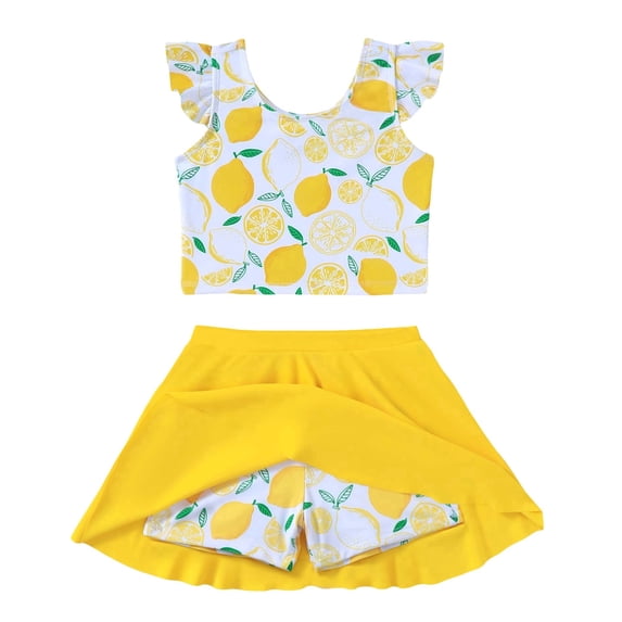 Kucnuzki 5T Little Girl Swimsuit Set 6T Child Gilrs Bathing Suit Ruffle Lemon Top Swimming Skirt with Shorts 2pcs Bikini Set Summer Beach Breathable Tankini Set Yellow