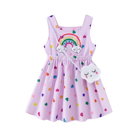 Kucnuzki 5T Little Girls Summer Dress 6T Child Girl CLothing Sleeveless Rainbow Print Clothes Hearts A-line Dresses with Bag 2pcs One-piece Overalls Purple