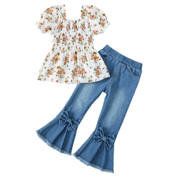 Kucnuzki 5T Toddler Girl Summer Outfits Pants Sets 6T Short Sleeve Cute Floral Peplum Top Elastic Denim Flare Pants 2PCS Set White