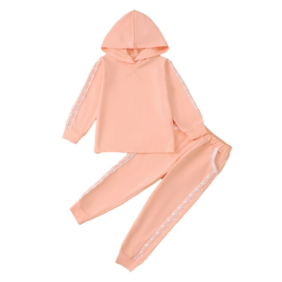 Kucnuzki 5Y Little Girls Winter Outfits 6Y Little Girls Warm Clothes Sets Long Sleeves Pullover Hoodie Sweatshirt Pants 2pcs Sets Pink