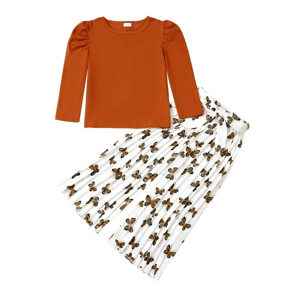 Kucnuzki 5Y Little Girls Winter Outfits 6Y Little Girls Warm Clothing Sets Puff Sleeves Long Sleeves Pullover Top Solid Color Top Waistband Butterfly Pants Pleated Pants 2pcs Sets Orange