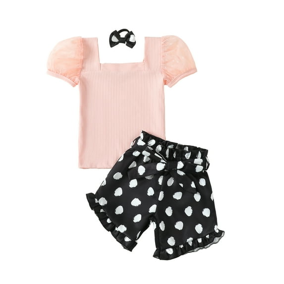Kucnuzki 6-7 Years Little Girls Short Sets Summer 5T Toddler Girls Square Neck Short Sleeves Top Bowknot Dots Print Shorts with Headband 3pcs Outfits Pink