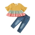 thumbnail image 1 of Kucnuzki 6 Months Baby Girl Summer Outfits Pants Sets 12 Months Short Sleeve Color-Blocked Ruffles Peplum Tops Elastic Ripped Denim Pants 2PCS Set Yellow, 1 of 9