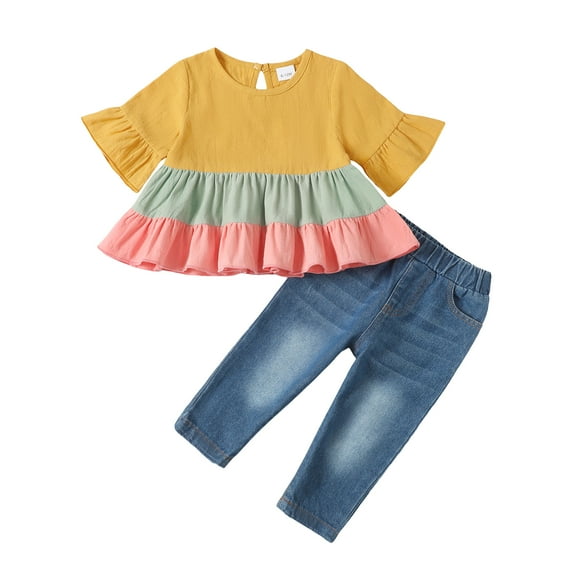 Kucnuzki 6 Months Baby Girl Summer Outfits Pants Sets 12 Months Short Sleeve Color-Blocked Ruffles Peplum Tops Elastic Ripped Denim Pants 2PCS Set Yellow