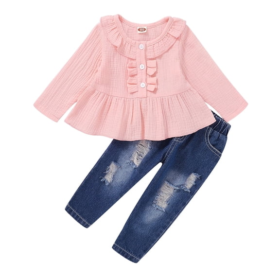 Kucnuzki 6 Months Baby Girl Winter Outfits Pants Sets 12 Months Long Sleeve Solid Color Ruffles Peplum Elastic Ripped Jeans 2PCS Set Pink