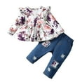 thumbnail image 1 of Kucnuzki 6 Months Baby Girl Winter Outfits Pants Sets 9 Months Long Sleeve Floral Peplum Top Elastic Floral Panel Denim Pants 2PCS Set White, 1 of 9