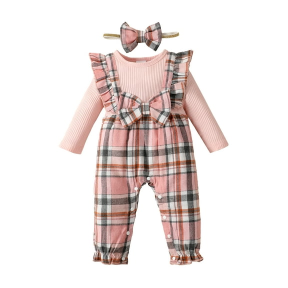 Kucnuzki 6 Months Newborn Baby Girls Jumpsuits 12 Months Girl Winter Clothes Ruffle Long Sleeves One-piece Overalls Plaid Print Bow Fake 2pcs Clothing with Headband Pink