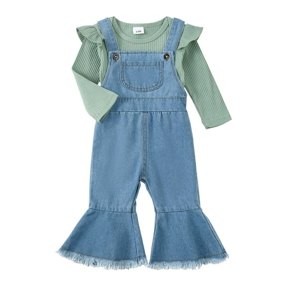 Kucnuzki 6 Months Newborn Baby Girls Outfits Set 12 Months Girl Winter Clothes Ruffle Long Sleeves Knitted Romper Top Flared Jeans Suspenders Denim Pants Sets 2pcs Casual Clothing Green