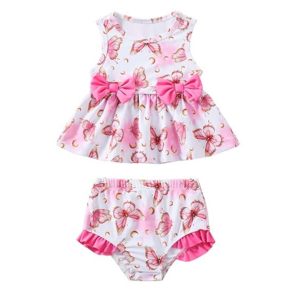 Kucnuzki 6 Months Newborn Baby Girls Swimsuit Set 12 Months Girl Bathing Suit Ruffle Sleeveless Butterfly Bowknot Beach Bikini Tankini Swimwear 2pcs Pink