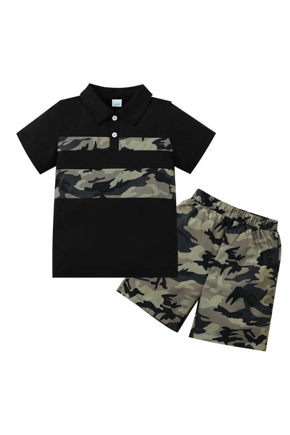 6 Years Little Boys Outfit Set 7 Years Child Boy Summer Clothes Sets Short Sleelves Pullover Polo T-shirt Top Camouflage Shorts 2pcs Clothing Black