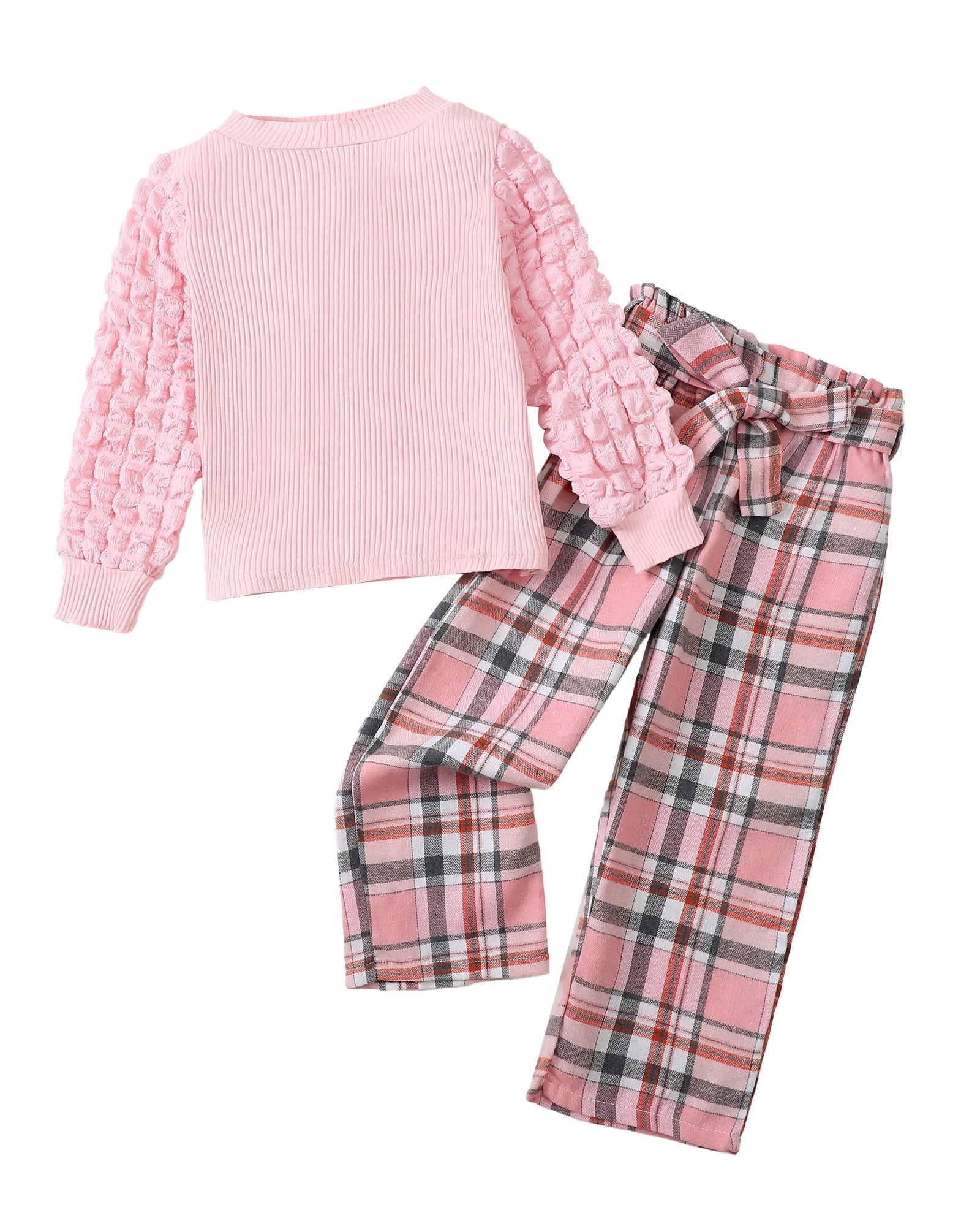 6 Years Little Girls Outfits Fall Winter 7 Years Little Girls Clothing Sets Puff Long Sleeves Top Plaid Pants 2pcs Sets Autumn Winter Pink