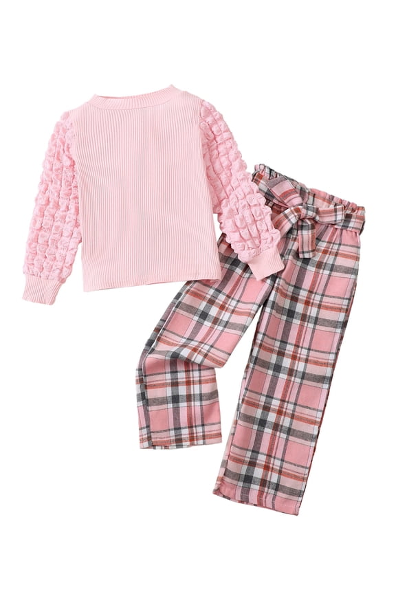 6 Years Little Girls Outfits Fall Winter 7 Years Little Girls Clothing Sets Puff Long Sleeves Top Plaid Pants 2pcs Sets Autumn Winter Pink