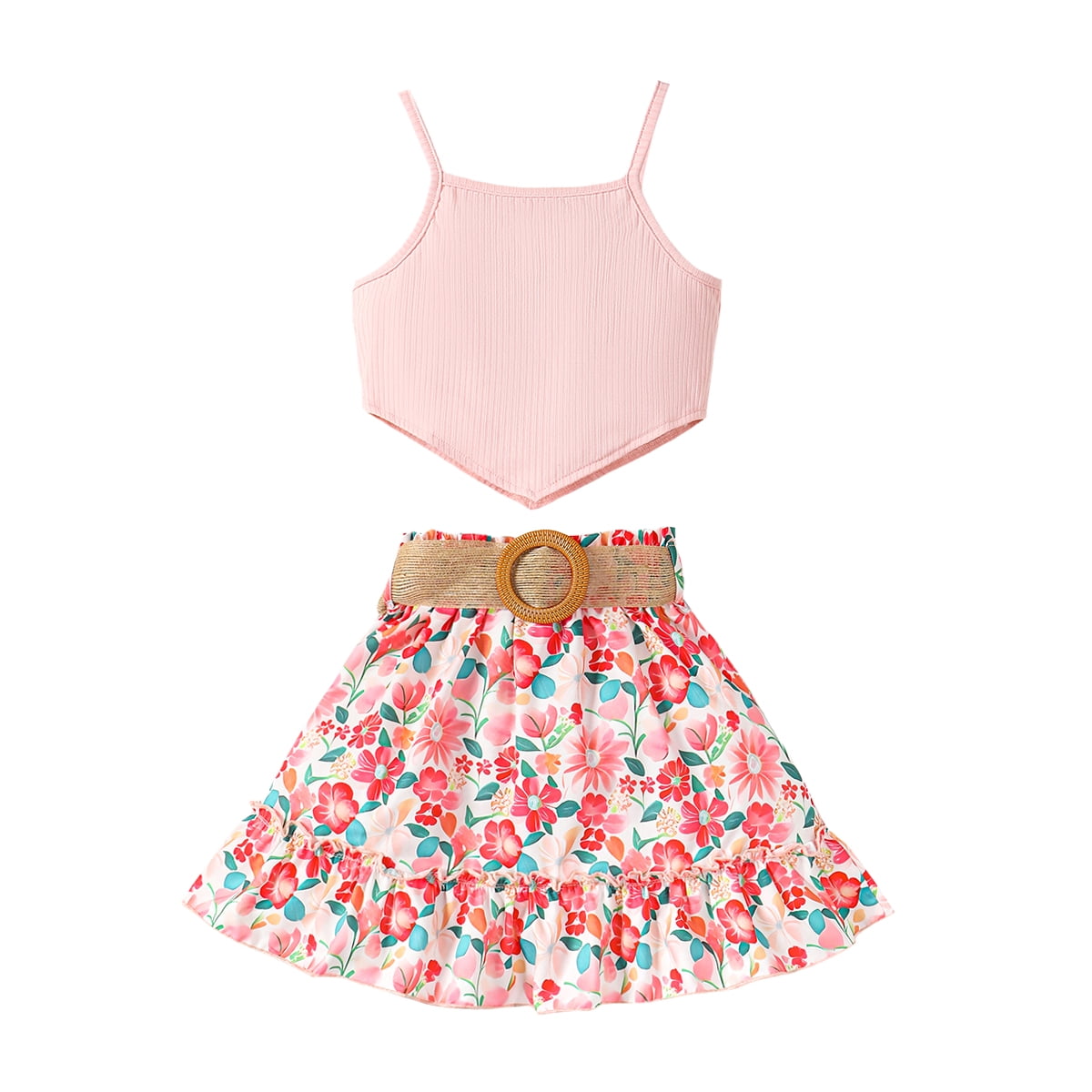 6 Years Little Girls Short Sets Summer Sleeveless Off Shoulder Suspender Tank Top Belt Floral Shorts 2pcs Outfits Pink