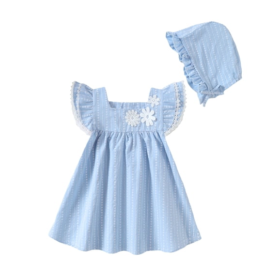 Kucnuzki 6M Newborn Baby Girls Dress 12M Girl Summer Clothes Ruffle Sleeves A-line Dress Flowers One-piece Overalls with Hat 2pcs Clothing Blue 6-12 Months
