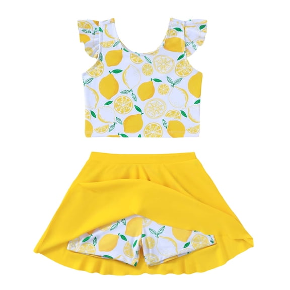 Kucnuzki 6T Little Girl Swimsuit Set 7T Child Gilrs Bathing Suit Ruffle Lemon Top Swimming Skirt with Shorts 2pcs Bikini Set Summer Beach Breathable Tankini Set Yellow