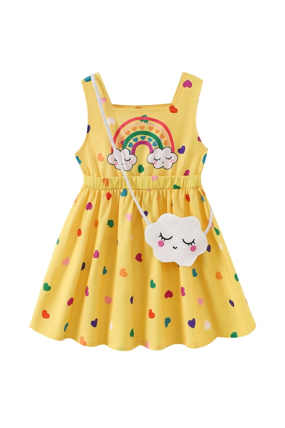 6T Little Girls Summer Clothes 7T Kids Child Dress Sleeveless Rainbow Hearts Print A-line Dress Casual One-piece Overalls with Bag 2pcs Clothing Yellow