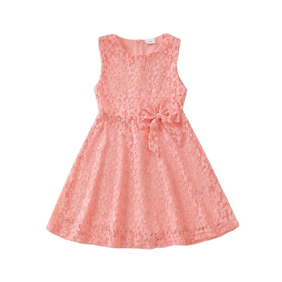Kucnuzki 6T Little Girls Summer Dress 7T Child Girl CLothing Sleeveless Solid Color Clothes Bowknot A-line Dresses One-piece Overalls Pink