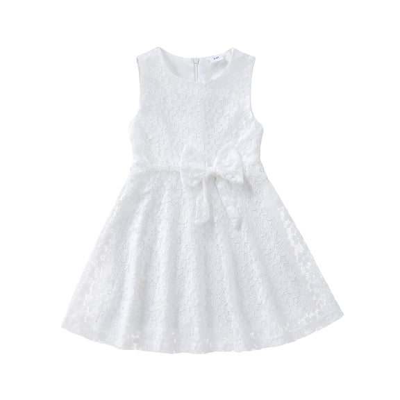 Kucnuzki 6T Little Girls Summer Dress 7T Child Girl CLothing Sleeveless Solid Color Clothes Bowknot A-line Dresses One-piece Overalls White