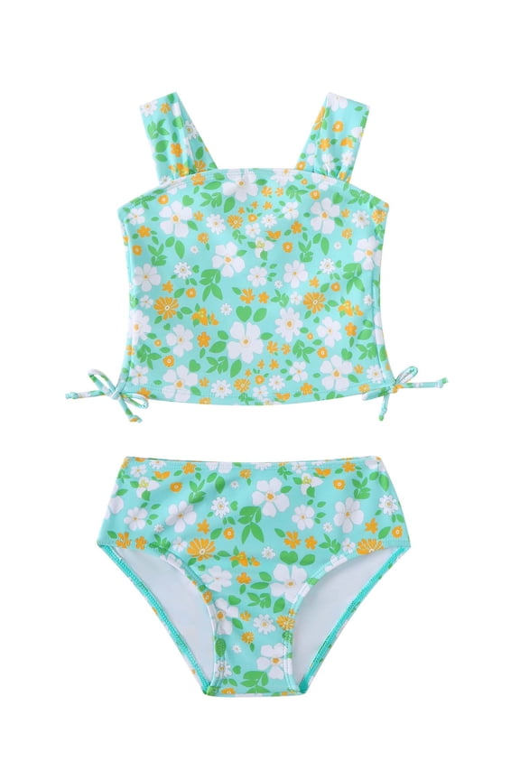 6T Little Girls Swimsuit Set 7T Girl Summer Bathing Suit Drawstring Floral Top Bottoms 2pcs Bikini Set Beach Breathable Tankini Set Swimwear Green