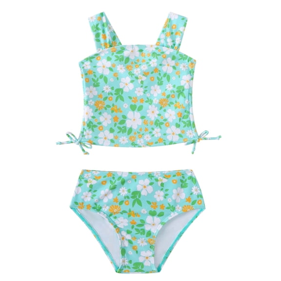 Kucnuzki 6T Little Girls Swimsuit Set 7T Girl Summer Bathing Suit Drawstring Floral Top Bottoms 2pcs Bikini Set Beach Breathable Tankini Set Swimwear Green