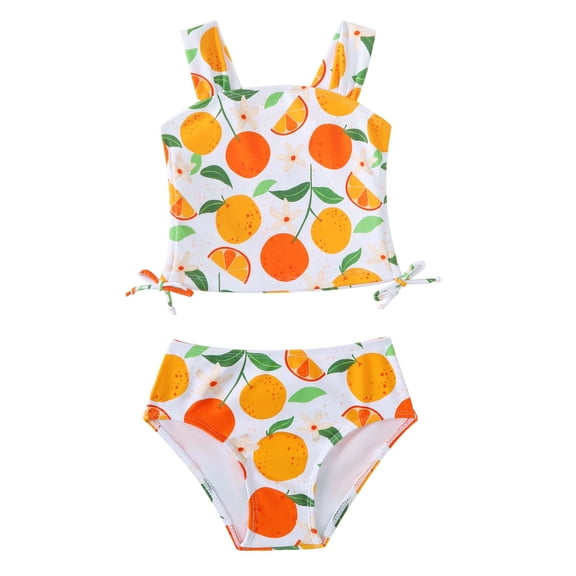 Kucnuzki 6T Little Girls Swimsuit Set 7T Girl Summer Bathing Suit Drawstring Top Bottoms 2pcs Bikini Set Beach Breathable Tankini Set Swimwear Orange
