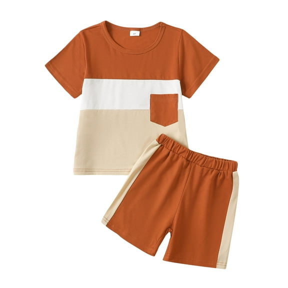 Kucnuzki 6T Toddler Boy Spring Summer Outfits Shorts Sets Short Sleeve Cool Color-Blocked Tee Top Elastic Shorts 2PCS Set Brown