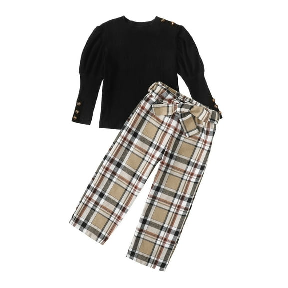 Kucnuzki 6Y Little Girls Pant Sets 7Y Little Girls Fall Winter Outfits Crew Neck Puff Sleeves Top Long Sleeves Sweatshirt Top Plaid Wide Leg Pants 2pcs Sets Black