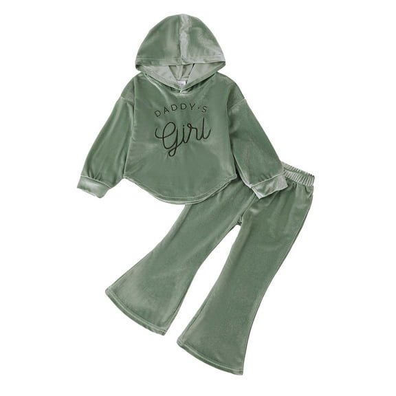 Kucnuzki 6Y Little Girls Winter Outfits 7Y Little Girls Furry Outfits Long Sleeves Hooded Sweatshirt Letter Embroidery Pullover Hooded Top Solid Color Flared Pants 2pcs Sets Green