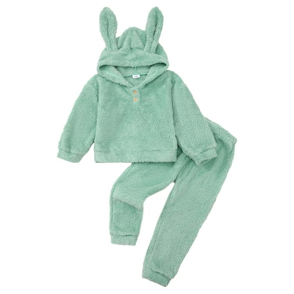 Kucnuzki 6Y Little Girls Winter Outfits 7Y Little Girls Warm Clothing Sets Long Sleeves Fleece Hooded Sweatshirt Bunny Ear Pullover Fuzzy Hoodie Solid Color Pants 2pcs Clothes Sets Green