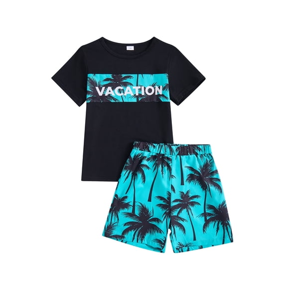 Kucnuzki 7 Years Big Boys Summer Outfit Sets 8 Years Kids Clothes Short Sleeves T-shirt Letter Print Top Coconut Palm Shorts Set 2pcs Blue 7-8Y