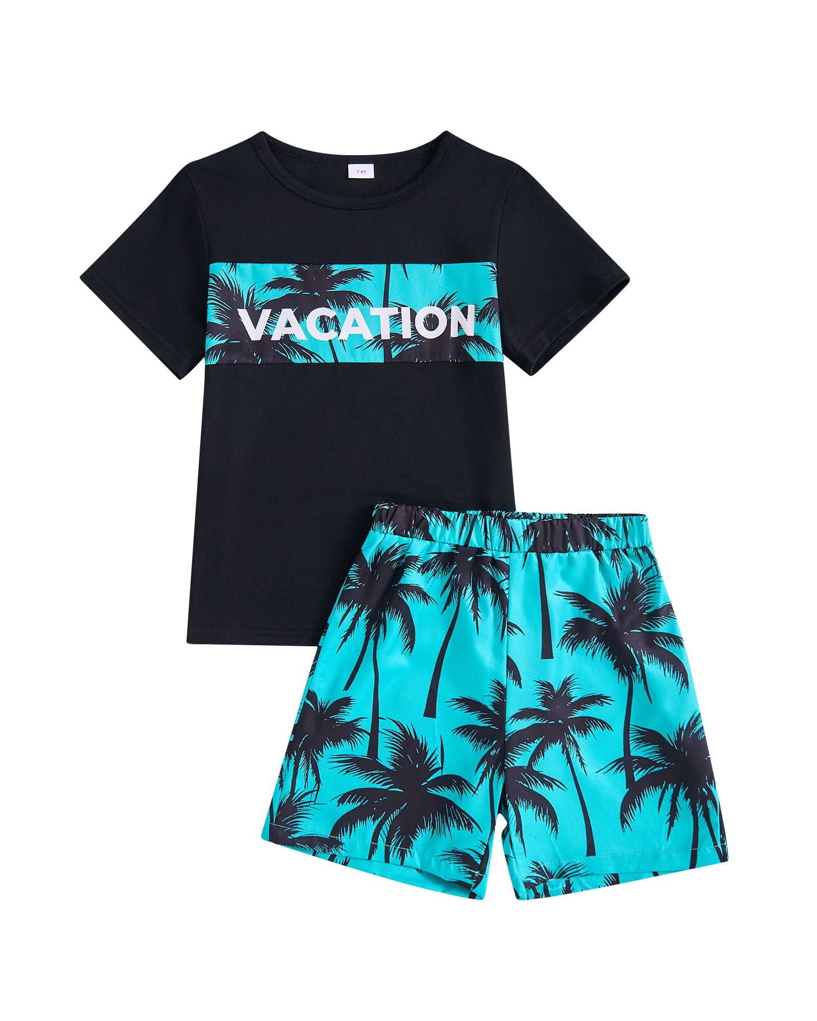 7 Years Big Boys Summer Outfit Sets 8 Years Kids Clothes Short Sleeves T-shirt Letter Print Top Coconut Palm Shorts Set 2pcs Blue 7-8Y