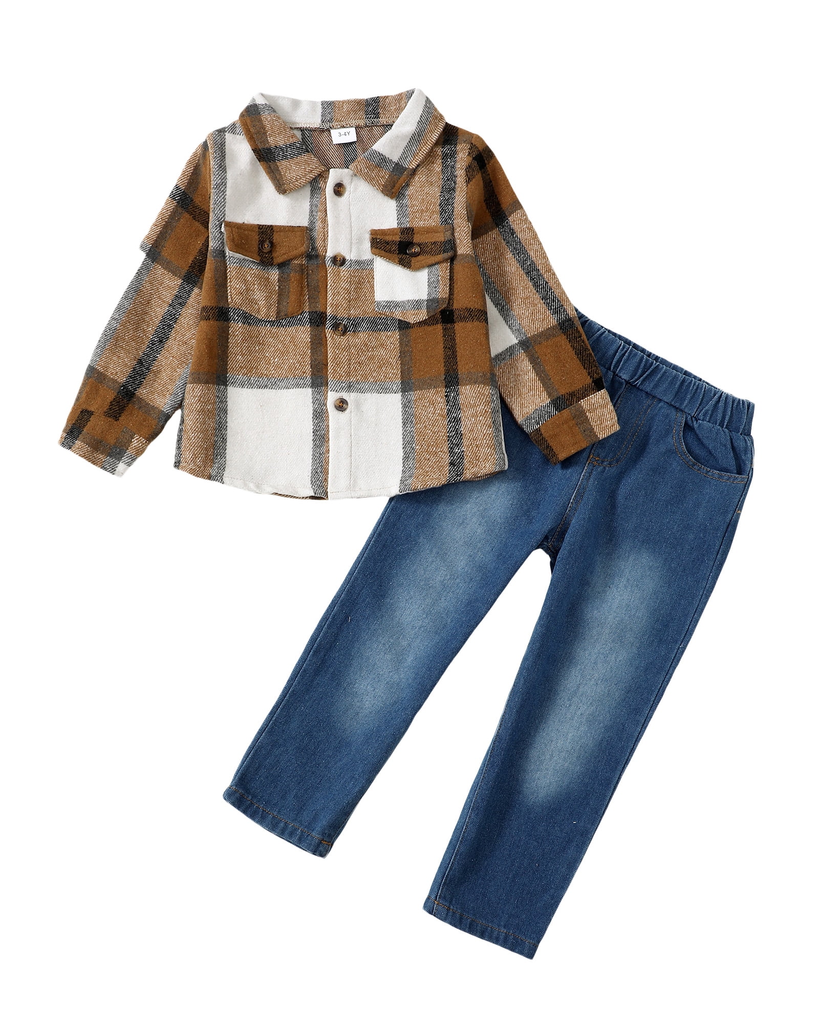 Kucnuzki 7 Years Big Boys Winter Outfits 8 Years Big Boys Warm Clothing Sets Lapel Long Sleeves Shirt Top Plaid Print Button Shirt with Pocket Deinm Pants Jeans 2pcs Sets Brown