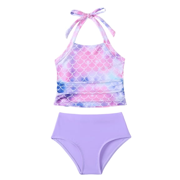 Kucnuzki 7 Years Big Girl Swimsuit Set 8 Years Child Gilrs Bathing Suit Halter Mermaid Top Bottoms 2pcs Bikini Set Summer Beach Breathable Tankini Set Purple