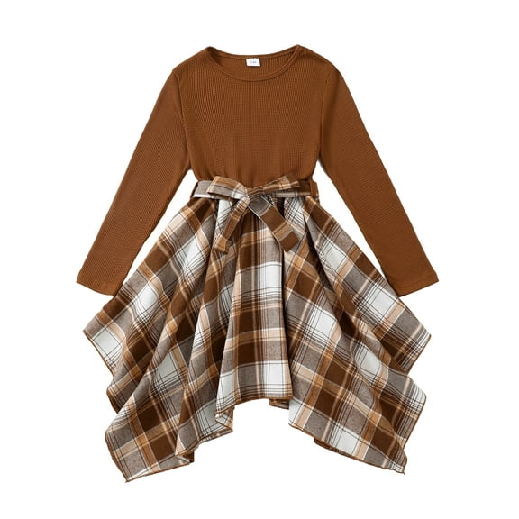 Kucnuzki 7 Years Big Girls Dress 8 Year Youth Child Kids Winter Clothes Long Sleeves Irregular Dress Color Block Plaid Dress One-piece Overalls Brown