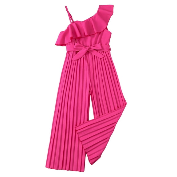 Kucnuzki 7 Years Big Girls Jumpsuit 8 Years Big Girls Summer Clothes Halter Waist Belt Wide Leg Pleated Long Romper Ruffle Sleeveless One Shoulder One-piece Overalls Pink 7-8Y